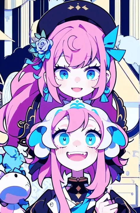 (highest quality、masterpiece:1.2) ((1 girl)) Pink Hair、Bright Blue Eyes、ponytail、elegant (Blue clothes) Flat Chest、Beautiful Eyes、Beautiful Hair、Beautiful and well-proportioned face、Beautiful mouth ((girl)) ((Furious expression、Vulgar smile))