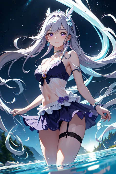 (Best image quality), (Master&#39;s Work),(Detailed eye description),(Detailed face description)(Rear view), One girl,Purple eyes, Gray Hair,(Very long hair),Very long hair (Drifting in the Wind), Back view, Recall, hair ornaments, flower hair ornaments. h...