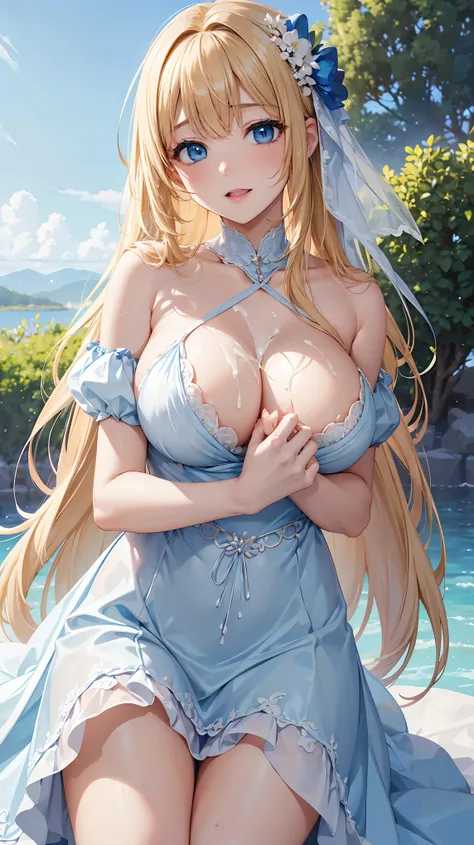 ((highest quality、High resolution))、Portrait、A beautiful woman、Perfect body、beautiful ample breasts、Long blonde、bangs、Blue and white、Embellished blue sexy dress、skirt、a sexually excited look、Im inviting you to have sex、Outdoor Scenery、((Covered in semen))