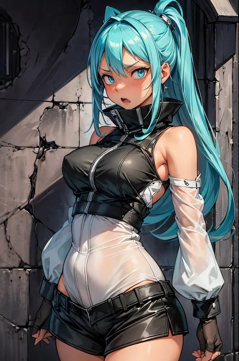 (masterpiece, best quality:1.2), expressive eyes, perfect face, highres, (female:1.5), 1girl, solo, black_star_soul_eater, blue hair, green eyes, long hair, worried face, black bodysuit, blushing, open mouth, standing, cowboy shot, looking at the viewer
