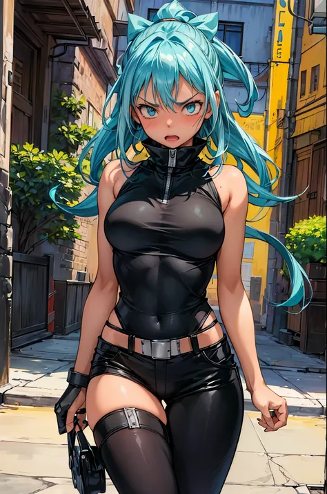 (masterpiece, best quality:1.2), expressive eyes, perfect face, highres, (female:1.5), 1girl, solo, black_star_soul_eater, blue hair, green eyes, long hair, worried face, black bodysuit, blushing, open mouth, standing, cowboy shot, looking at the viewer
