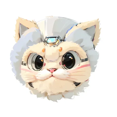 A cartoon cat with white and blue stripes in a high-tech helmet on a white background, Kawaii cat, Cat head, Cat Face, cute cat,, cute cat, Cat design, Furry cat, very beautiful cute cat，Anime cat, Round cute face, cute cat, 