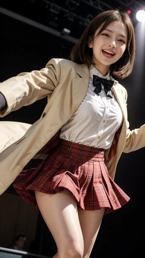 highest quality,masterpiece,Ultra-high resolution,(Actual:1.4),Original photo,Ultra-high resolution，8K，Dogenzaka 69，Flashy makeup with red eyeshadow，Big laughing smile，Short cut with delicate brown hair，A live costume of a high school girl&#39;s uniform mi...