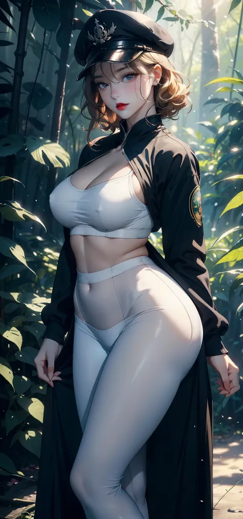 1 female，35 years old，Slim，Very large ，Big breasts and thin waist，Long legs， Solitary，（background：，Cherry blossom forest，Rainforest）standing in the forest， She has short blonde hair，Front view， curls，Cloudy sky，（（（masterpiece），（Very detailed CG unified 8K ...