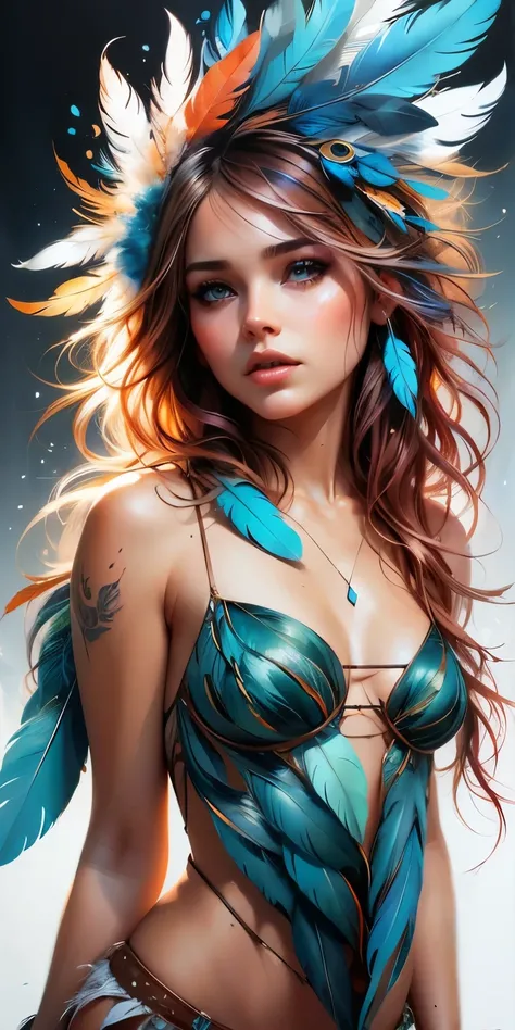 full body, free spirit, highly detailed face, award-winning composition, by Lois van Baarle, Artgerm, Carne Griffiths, feathers, hyper realistic fine detailed art