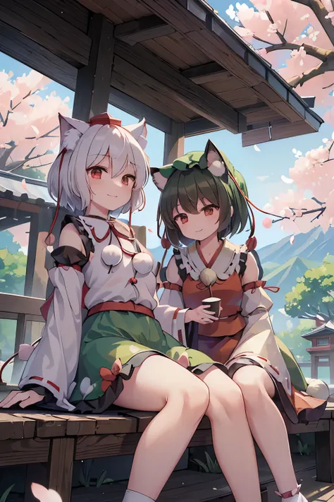 (((masterpiece))), (((best quality))), ((ultra-detailed)), (((2girls))), (((touhou project))),(((Chen))),short girl,blown short hair,black cat ear,black cat tail, (((Inubashiri Momiji))),white extra short hair,white wolf hair,white wolf tail, Chen and Momi...