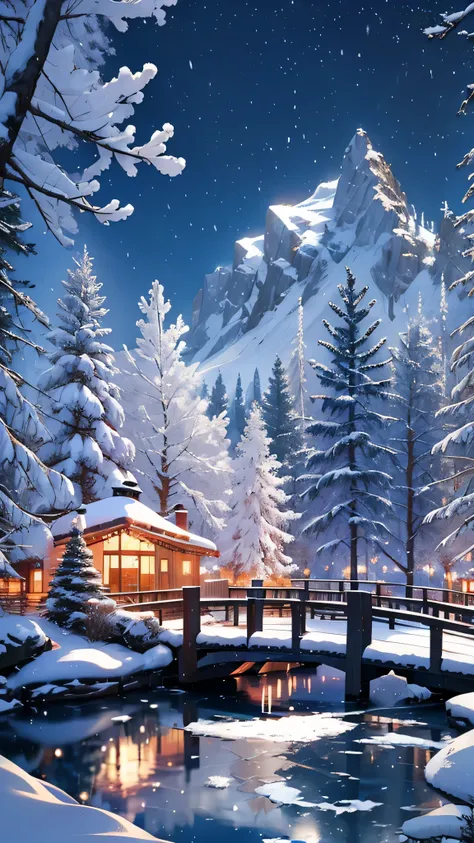 An enchanting winter wonderland, with snow-capped evergreen trees, a frozen lake reflecting the moonlight, snowflakes gently falling, magical and serene ambiance