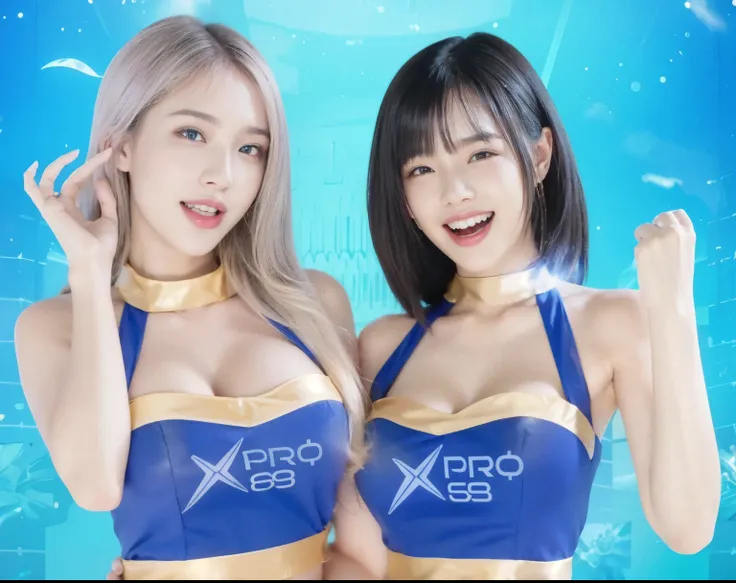 two women in blue and gold bikinis posing for a photo, 8k hq, 8k octan advertising photo, nixeu and sakimichan, profile picture 1024px, 8k artgerm bokeh, tpose, ssao 8 k, 8k scan hq, e-sport style, 8k octae render photo