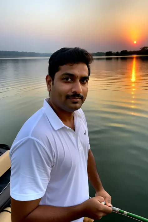 Naresh Prajapat, a 35-year-old man with deep-set eyes and a strong jawline, takes a selfie with his pick (fishing rod) in hand. The photo was taken in the early morning hours, with the sun just beginning to rise over the tranquil lake. The image is centere...