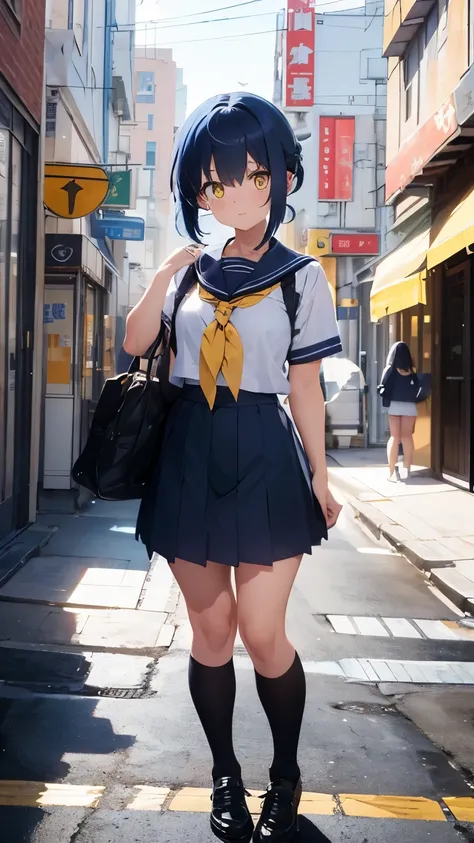 Generate an image of a full-body front-facing standing character with navy blue hair, yellow eyes, and wearing a sailor uniform. The character should be a cute girl.Do not generate an image of a full-body front-facing standing character with navy blue hair...