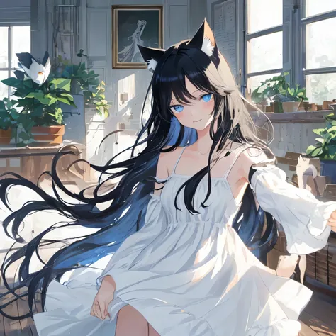 Beautiful illustrations, highest quality, pretty girl, Long black hair, Cat ear, blue eyes, Happy, White sundress, race, No sleeve, clavicle, indoor, Tilt your head