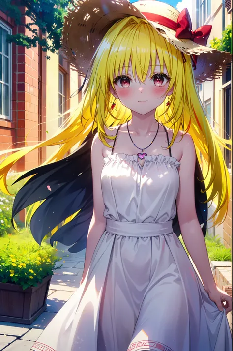 toloverumy, my, (yellow hair:1.5), Long Hair, (Red eyes:1.5), smile,blush, Embarrassing,Big straw hat,Long skirt integrated sleeveless dress,Heart Necklace,Bare arms,Bare neck cute sandals,True Summer,Daytime,
break outdoors, garden,
break looking at viewe...