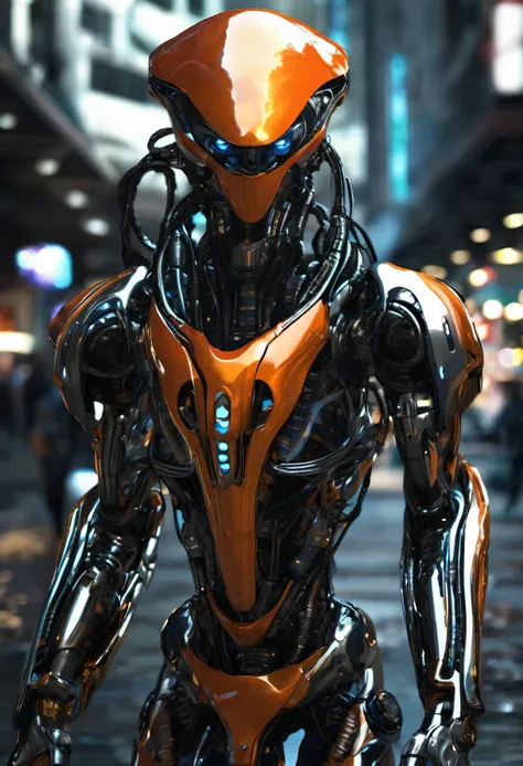 Create a highly detailed, photorealistic HDR image of a character that is a mix of alien and robot, resembling a human cyborg. The character should be depicted from head to toe, occupying a moderate portion of the composition to allow for future side and t...