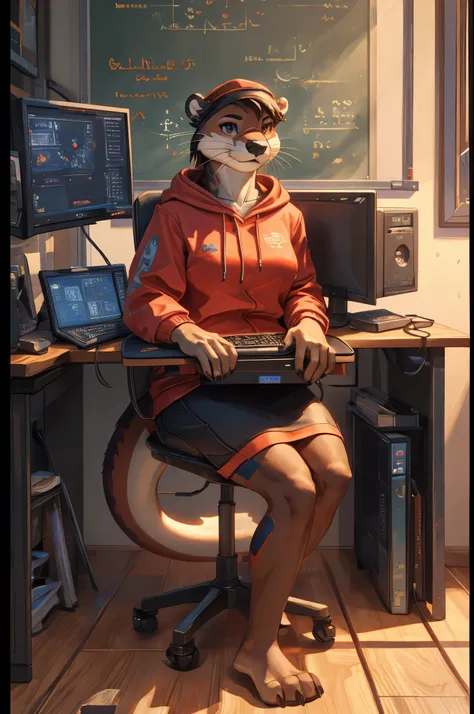 (((Barefoot furry character, full body, cinematic setting, furry female, plantigrade))) computer class scene with a tech-savvy otter ((teacher)) wearing a hoodie and glasses, sitting at a computer desk ((with her legs crossed)), surrounded by monitors and ...