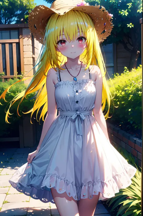 toloverumy, my, (yellow hair:1.5), Long Hair, (Red eyes:1.5), smile,blush, Embarrassing,Big straw hat,Long skirt integrated sleeveless dress,Heart Necklace,Bare arms,Bare neck cute sandals,True Summer,Daytime,
break outdoors, garden,
break looking at viewe...