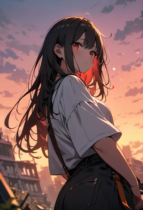 Resolution full, best quality, masterpiece, full HD, beautifull girl, foggy theme, super detailed, 1girl, cute girl, long hair, dark hair, detailed beautiful red eyes, white T - shirt oversized, holding glowing katana. from below, in ruins, overgrown. Day ...