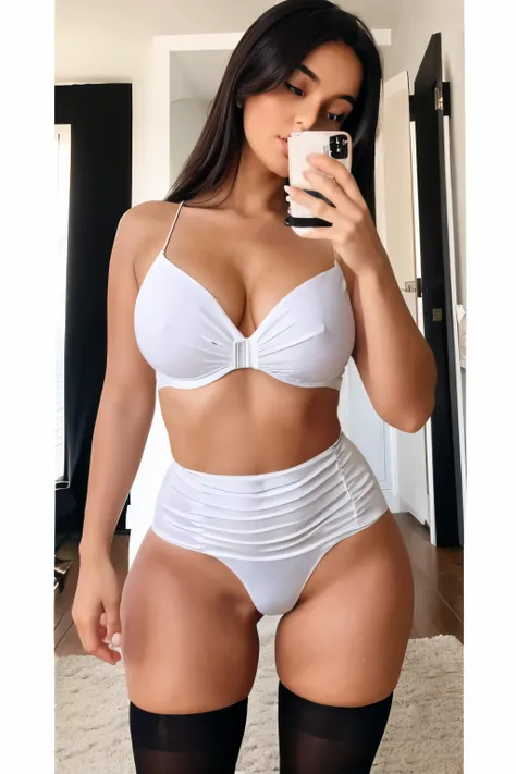 A girl takes a selfie of her very plump body while wearing a small white dress with breetelles at the top and asymmetrical at the bottom with long black stockings. Four pictures merged into one picture.