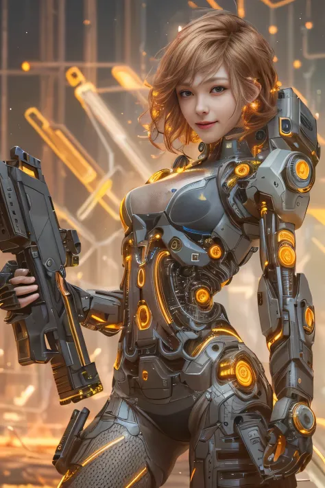 Glowing cyber girl with cybernetic arm,(See-through costume:1.3, )Stand on the post-apocalyptic battlefield.Surrounded by a network of wires. surrounded by circuits. (Cyber girl with a submachine gun:1.3), Shiny light brown and orange striped short hair,Cu...