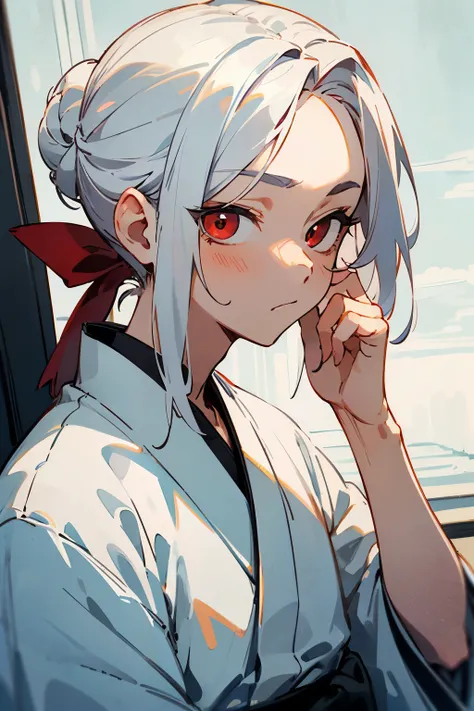 ((Best quality)), ((masterpiece)), (detailed), perfect face, boy, 14 years, pretty face, Red eyes, long white hair tied in a bun with two bangs on the sides, very thin, anime style, white kimono, black hakama pants, emotionless face, no hair on forehead, o...