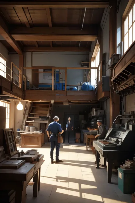 two  factory working on a machine, man in futurist 6 0 ´ s lab, colourized, rene lalique and eddie mendoza, colourised, early xx century technology, by Leo Goetz, colorized, mc escher and ronny khalil, advanced technology, colorized photograph, paul lehr a...