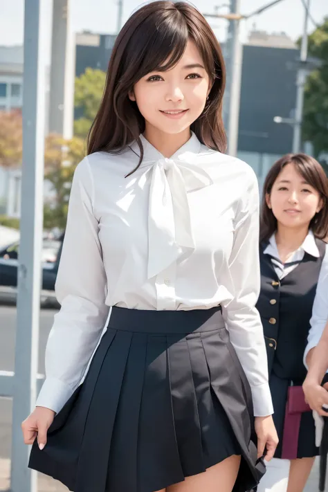 Girl and girl, ((uniform)), blouse, ((lifts skirt:1.3)), (wind flips up skirt and reveals panties:1.2), ((shows panties)), light smile, outdoors,