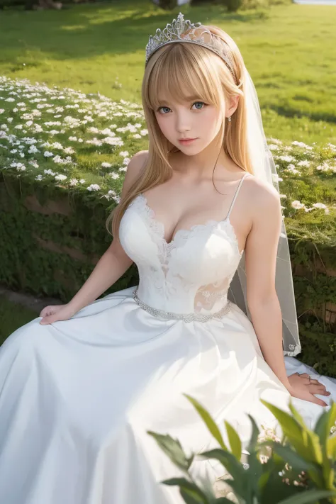 A girl,16 year old,wedding dress,european countryside,blonde,bangs bangs,pretty face,thick and muscular upper arms,tiara