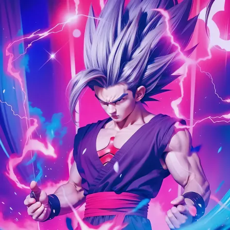 Real life adaption of this character,his name is Gohan from anime Dragon ball,Korean adult handsome face,realistic long messy hair he has dark grey hair,realistic purple outfit like judo,realistic light,realistic shadow,realistic background with a lightnin...