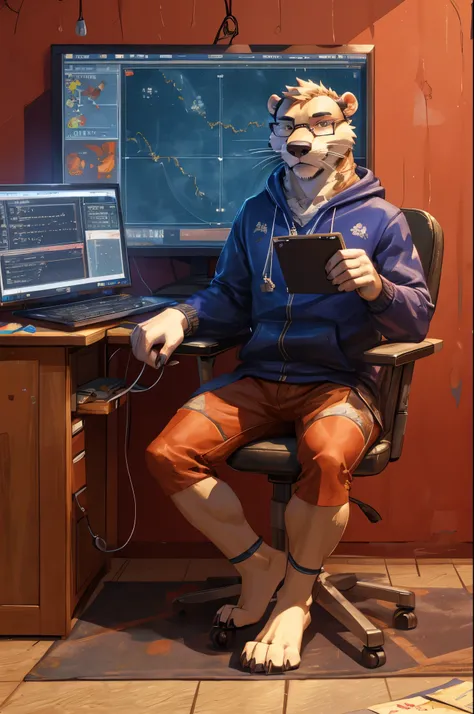 (((Barefoot furry character, full body, cinematic setting, furry male, plantigrade))) computer class scene with a tech-savvy otter ((old teacher)) wearing a hoodie and glasses, sitting at a computer desk, surrounded by monitors and circuit boards. This ott...