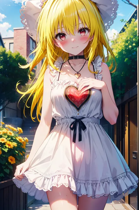 toloverumy, my, (yellow hair:1.5), Long Hair, (Red eyes:1.5), smile,blush, Embarrassing,Big white hat,Long skirt integrated sleeveless dress,Heart Necklace,Bare arms,Bare neck cute sandals,True Summer,Daytime,
break outdoors, garden,
break looking at viewe...