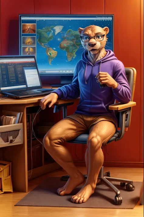 (((Barefoot furry character, full body, cinematic setting, furry male, plantigrade))) computer class scene with a tech-savvy otter ((old teacher)) wearing a hoodie and glasses, sitting at a computer desk, surrounded by monitors and circuit boards. This ott...