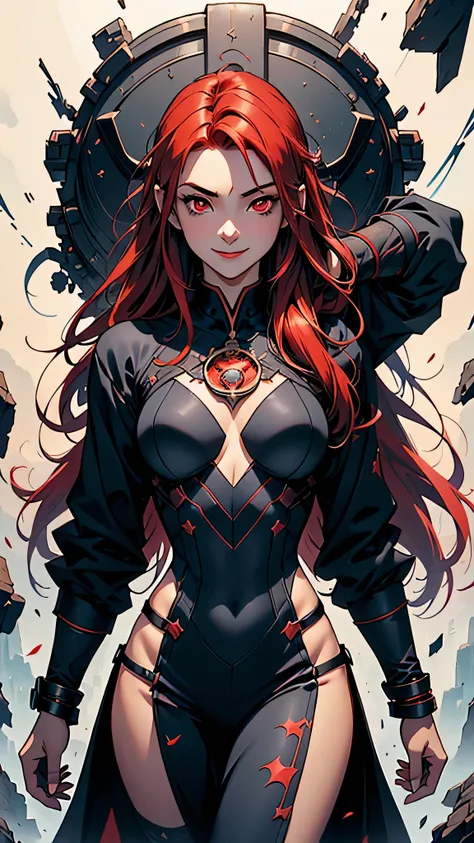 最high quality、Best image quality、masterpiece、girl((20-year-old、 By becoming、Best Bust、Medium Bust,Wide open breast tea、red glowing eyes, Black and red hair、Disheveled Hair、Long Hair、thin,The highest valley、Hero Suit、Open chest、White wristband、smile、hair or...