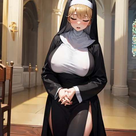 (solo:1.2), (1 praying cute nun:1.3) standing in church, (praying with holding hands together over chest:1.2), very skinny, (tight sheer long black robe:1.5), (disproportionately gigantic breasts:1.3), (bursting perky breasts:1.3), inconceivably narrow wai...