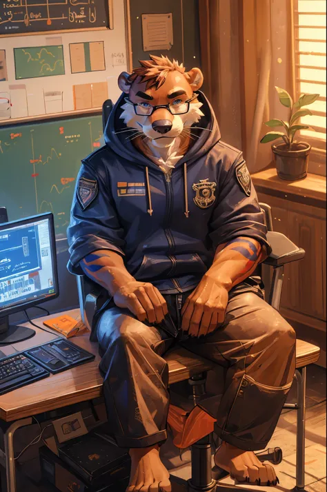 (((Barefoot furry character, full body, cinematic setting, furry male, plantigrade))) computer class scene with a tech-savvy otter ((teacher)) wearing a hoodie and glasses, sitting at a computer desk, surrounded by monitors and circuit boards. This otter r...