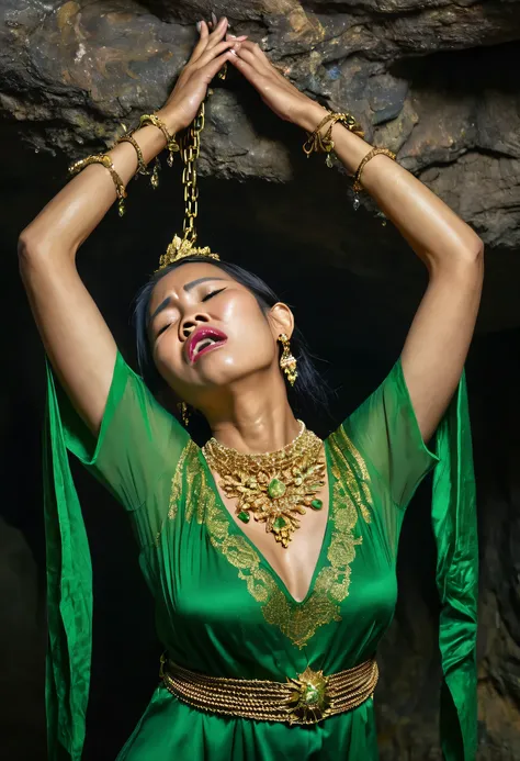 a Woman bounded by shackles, weak, lifted hands, showing hairy armpits, wearing an Javanese open green dress, complete gold jewelry covering her chest, gold supreme crown, expression of shame, weakness, sadness, crying, wronged.  in the dungeon of cave