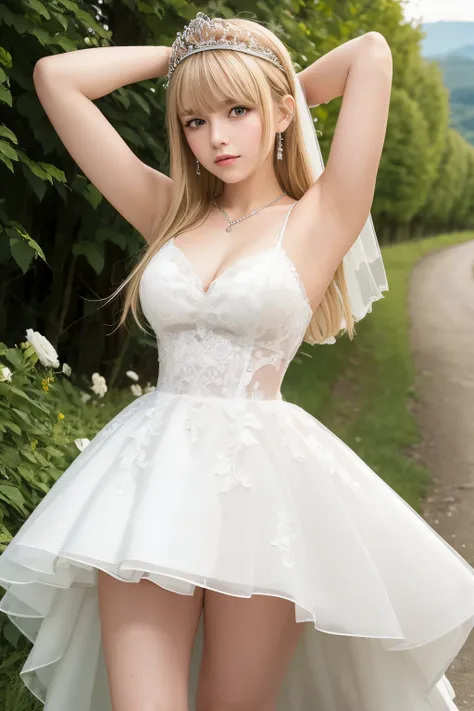 A girl,16 year old,wedding dress,european countryside,blonde,bangs bangs,pretty face,thick and muscular upper arms,tiara,armpit,hands behind head