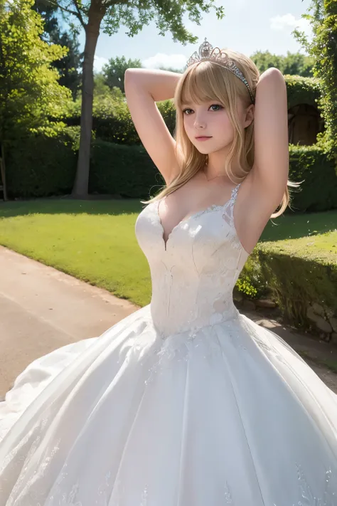 A girl,16 year old,wedding dress,european countryside,blonde,bangs bangs,pretty face,thick and muscular upper arms,tiara,armpit,hands behind head