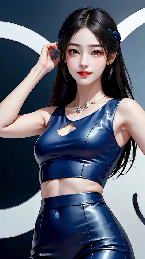 ((highest quality, 8k, masterpiece: 1.3)), ((One girl:1.5)), The beauty of slim abs: 1.3, Casual Hairstyles, (blue long group: 1.5), Very beautiful face, Delicate eyes, double eyelid, smile, (Showing the tiger&#39;s fangs: 1.2), Dancing