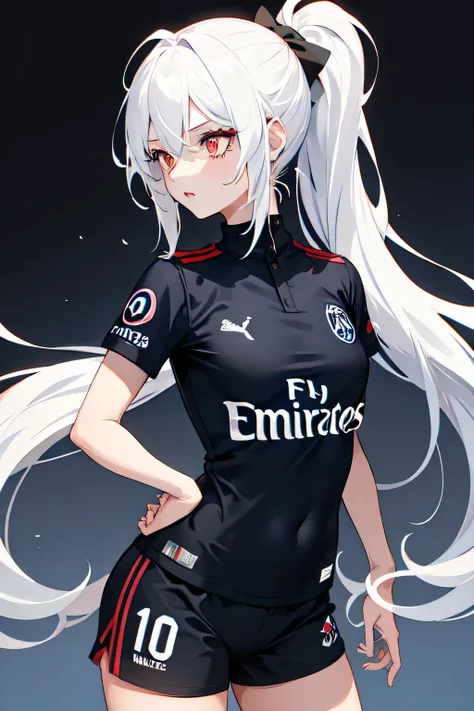 1girl,20y.o,PSG Football Jersey 2024,white hair,long hair,ponytail hairstyle,red eyes,medium size tits