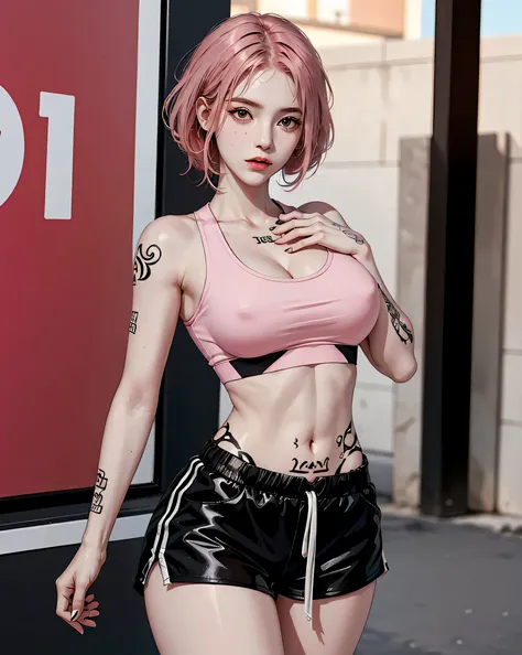 Perfect Style, Beautiful Face, Highly detailed face and skin texture, (Maximum resolution: 1.2), 1 female, alone, Hip Up, jewelry, (((Has a lot of tattoos all over his body)), Streetwear, Sports Bra, Pink Hair, Shorts, sports boots, (((Narrow waist))), ((B...