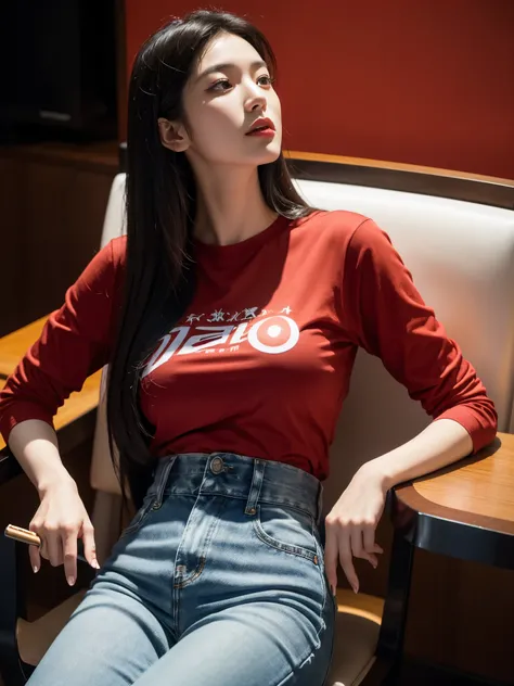 A beautiful japanese gangster boss with a typical japanese face, 25 years old, long black hair, black denim under a red t- shirt, a number of scratches,on her hands, sitting relaxed in a reclined chair while holding a coffee cup. In front of her there is a...