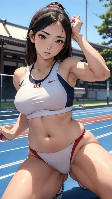 (((masterpiece))),(((High resolution)))、(((8K)))、(((perfect face)))、(((beauty of japan)))、20 years old、(((beautiful face))), (((Track and field athlete))), (sport bra), embarrassed look, look at the camera, thighs、top quality eyes, detailed texture, look a...