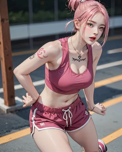 Perfect Style, Beautiful Face, Highly detailed face and skin texture, (Maximum resolution: 1.2), 1 female, alone, Hip Up, jewelry, (((tattoo)), Streetwear, Sports Bra, Pink Hair, Shorts, sports boots, (((Narrow waist))), ((Big Breasts))