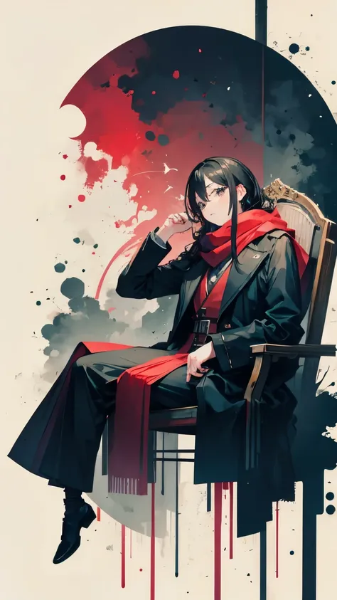 1 person, male，sitting,black hair, scythe in one hand，grey eyes,train seats， black long coat, red scarf, horizon sea, absurd, hi...