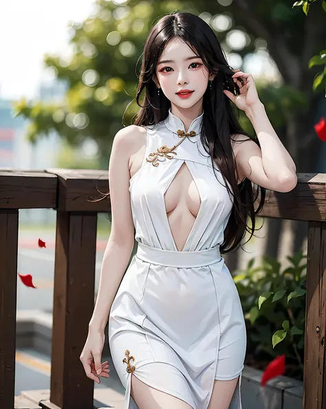 Modern Chinese beauty Stylish and sexy clothes Unique charm and confidence Perfectly fitting fashion tops Perfect figure and sexy curves Soft material Short cheongsam Slender leg lines and charming curves Unique design shows fashion sense and confidence St...