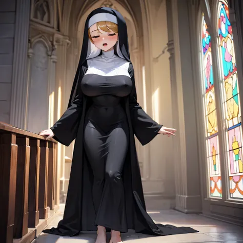 (solo:1.2), (1 praying skinny cute nun:1.3) standing in church, (praying with holding hands together over chest:1.2), (tight sheer long black robe:1.6), (disproportionately gigantic breasts:1.3), (bursting perky breasts:1.3), inconceivably narrow waist, to...