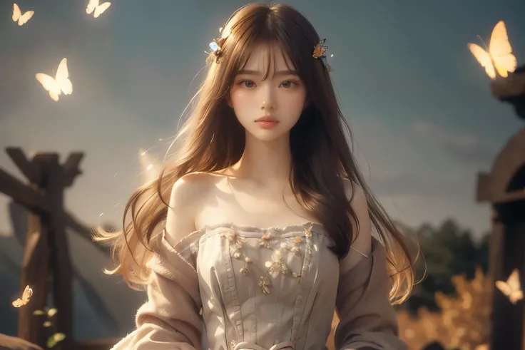 1 girl, masterpiece, very detailed, ((cinematic lighting)), (shine), ((dramatic lighting)), ((beautiful delicate shine)), intricate details, Lens flare, blonde, long hair, colorful dresses, butterfly hair ornament, butterfly, (particles of light), turn you...