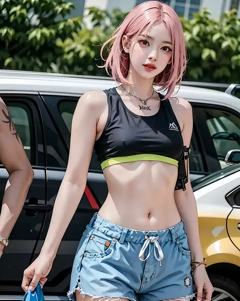 Perfect Style, Beautiful Face, Highly detailed face and skin texture, (Maximum resolution: 1.2), 1 female, alone, Hip Up, jewelry, (((Has a lot of tattoos all over his body)), Streetwear, Sports Bra, Pink Hair, Shorts, sports boots, (((Narrow waist))), ((B...