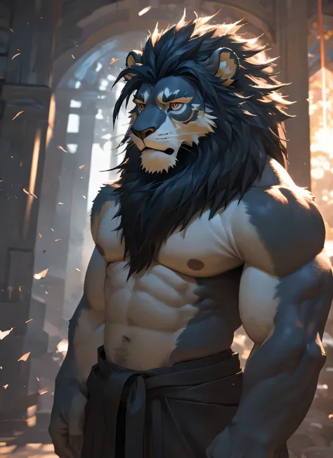 Masterpiece, solo, Detailed eyes, Detailed face, 20age adult, furry, male, kemono, handsome, full body, muscle, furry lion, Shaolin Monk, budas temple, shirtless, topless, style cute, portrait, head shot portrait, dynamic pose, anime, in motion, extremely ...