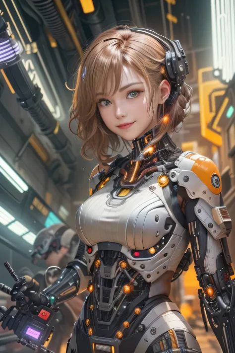 Glowing cyber girl with cybernetic arm,(See-through costume:1.3, )Stand on the post-apocalyptic battlefield.Surrounded by a network of wires. surrounded by circuits. (Cyber girl with a submachine gun:1.3), Shiny light brown and orange striped short hair,Cu...