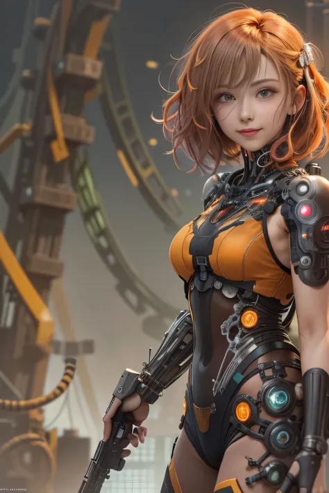 Glowing cyber girl with cybernetic arm,(See-through costume:1.3, )Stand on the post-apocalyptic battlefield.Surrounded by a network of wires. surrounded by circuits. (Cyber girl with a submachine gun:1.3), Shiny light brown and orange striped short hair,Cu...